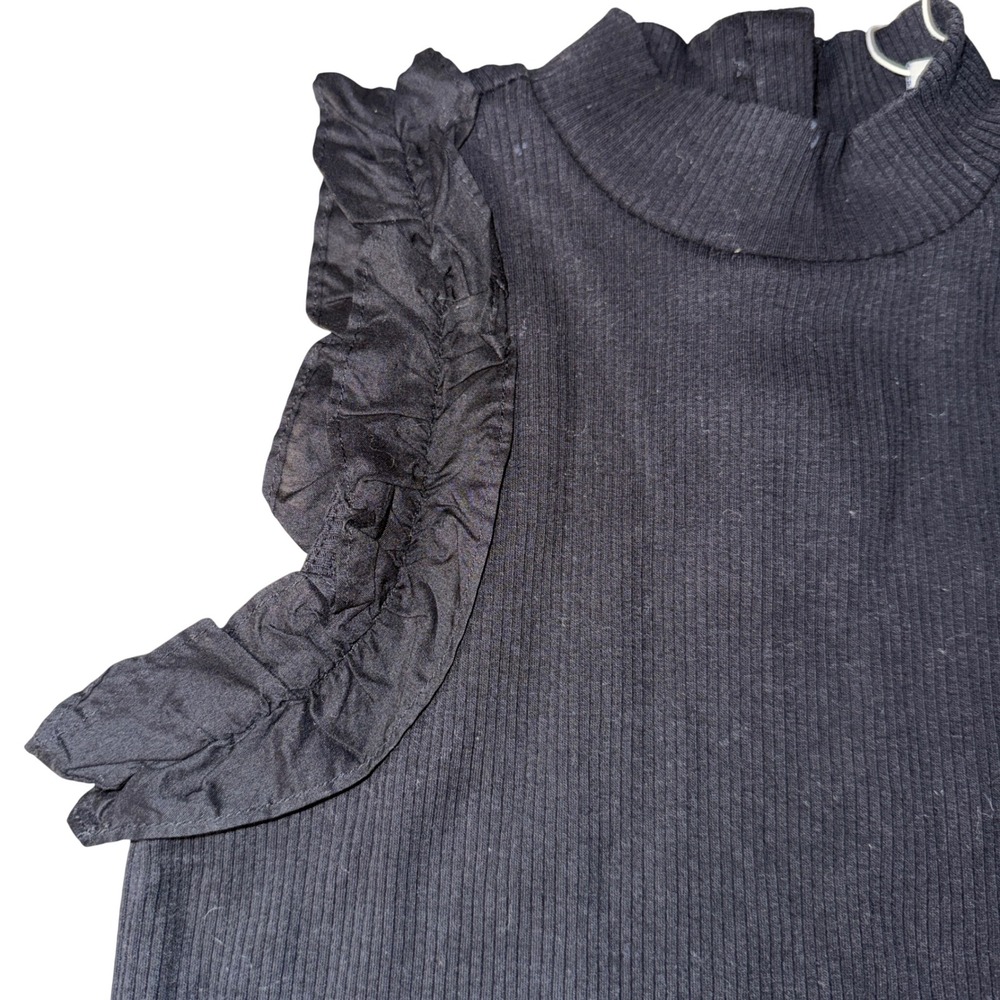 Janie and Jack Sleeveless Top size 10 Black Ruffle Mock Neck Gold Button‎ Ribbed - Picture 2 of 6